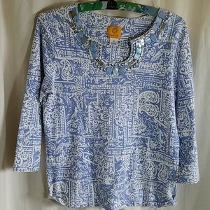Ruby Rd. Blue and White 3/4 Sleeve Ladies Top sz M